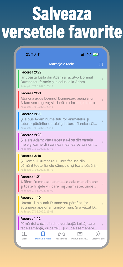 Biblia Ortodoxă în Română - Interfaz de la aplicación Biblia Ortodoxa Rumana mostrando una lista de versículos favoritos guardados codificados por colores para una fácil referencia.