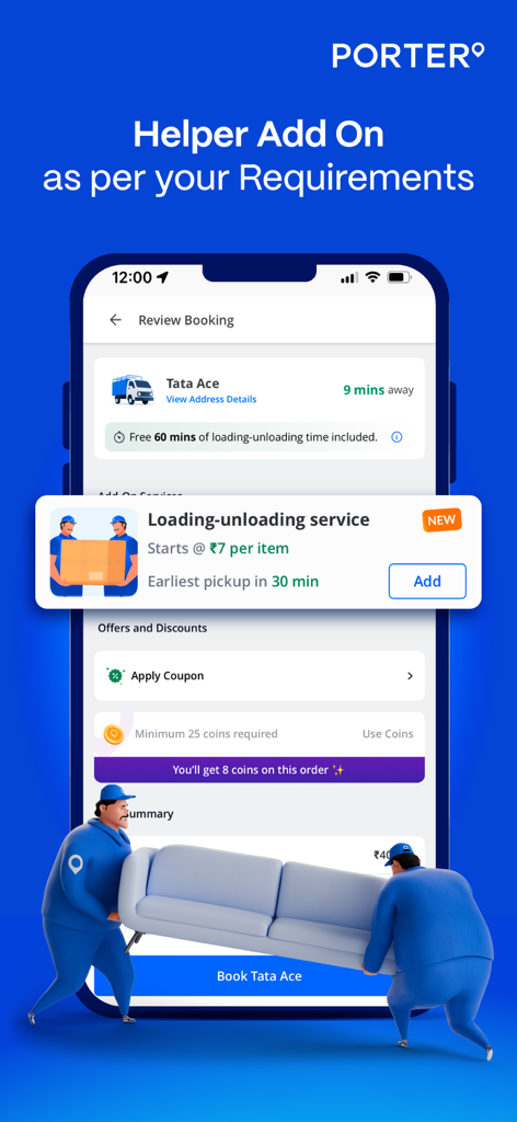 Porter App-Oberfläche, die die Helfer-Zusatzfunktion für Be- und Entladedienste mit professionellen Umzugshelfern zeigt, die ein Sofa tragen.
