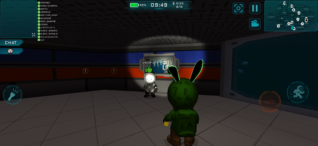 A 3D astronaut character in a dark space station using a flashlight to explore a room in Imposter 3D