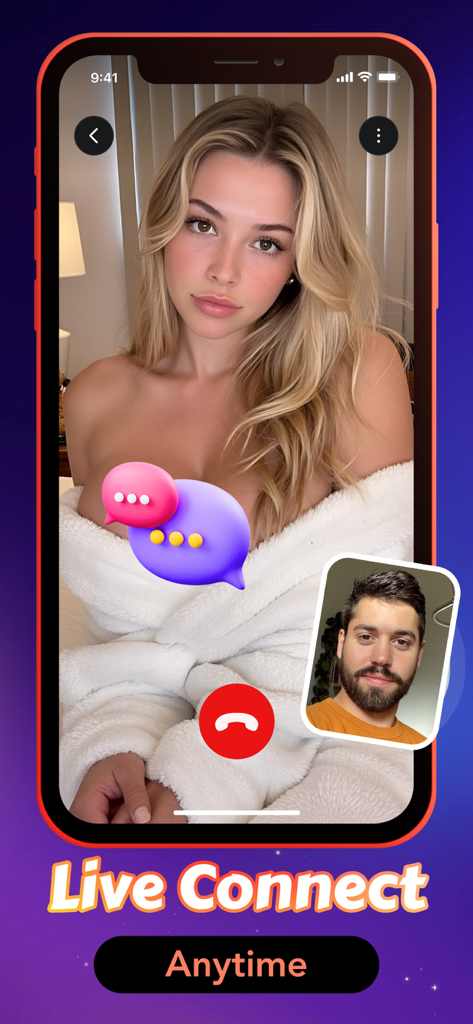 Bliss: Video, Live, Call - Pantalla de la aplicación Bliss mostrando una videollamada en vivo entre dos usuarios con iconos de chat y un botón para finalizar llamada