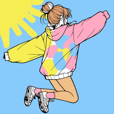 realistic girl jumping with a bun and oversized sweatshirt