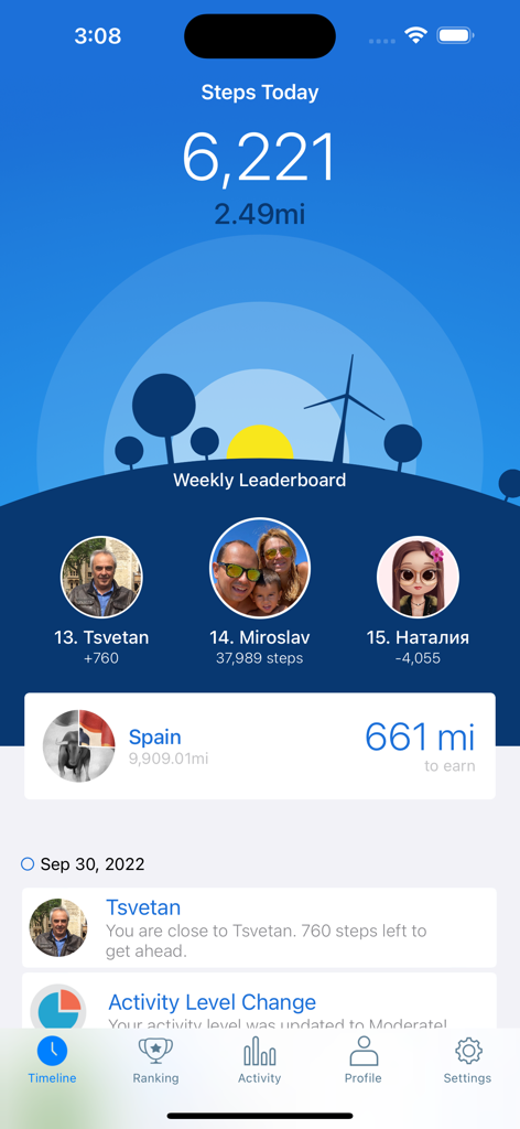 Outwalk - The Outwalk app timeline screen displaying daily steps and a weekly leaderboard ranking.