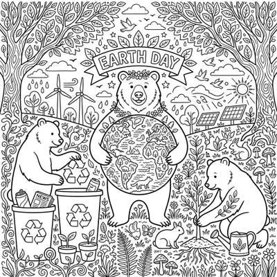 This heartwarming coloring page depicts brown bears actively celebrating Earth Day, engaging in eco-friendly activities like recycling and planting trees. It's a perfect way to learn about environmental protection while enjoying a creative and engaging coloring experience.