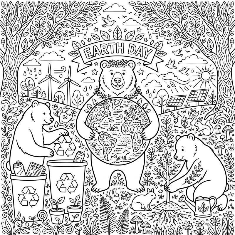 This heartwarming coloring page depicts brown bears actively celebrating Earth Day, engaging in eco-friendly activities like recycling and planting trees. It's a perfect way to learn about environmental protection while enjoying a creative and engaging coloring experience.