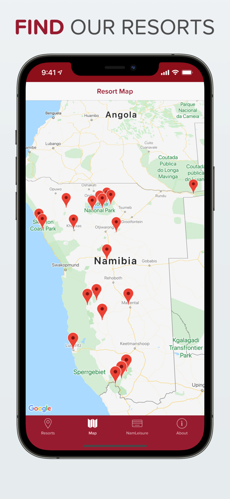 Map of Namibia with multiple red pins marking the locations of NWR wildlife resorts