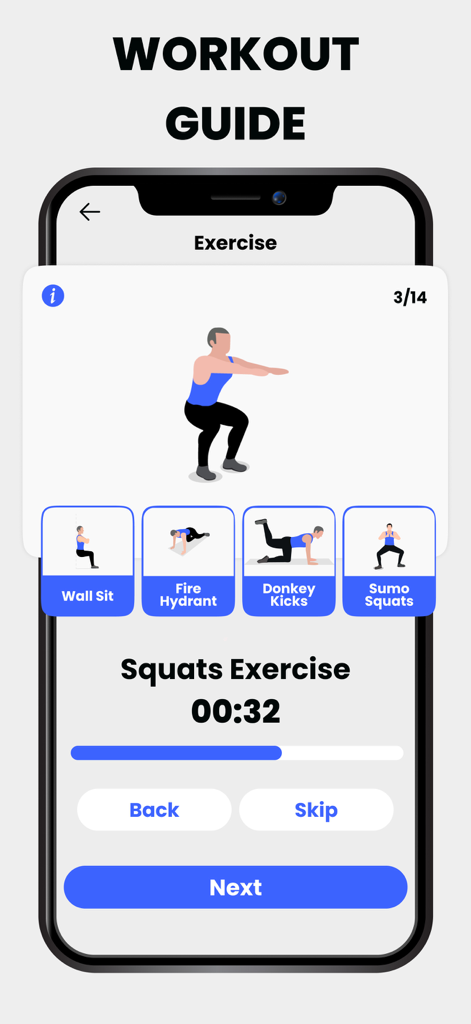 Leg Workouts & Butt Workout - Pantalla de guía de entrenamiento que muestra un ejercicio de sentadilla con un temporizador de cuenta regresiva y opciones de ejercicios.