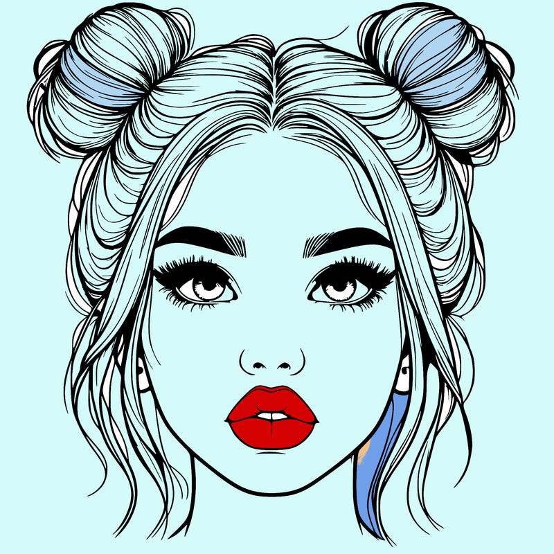 realistic girl with two buns on her hair and lips
