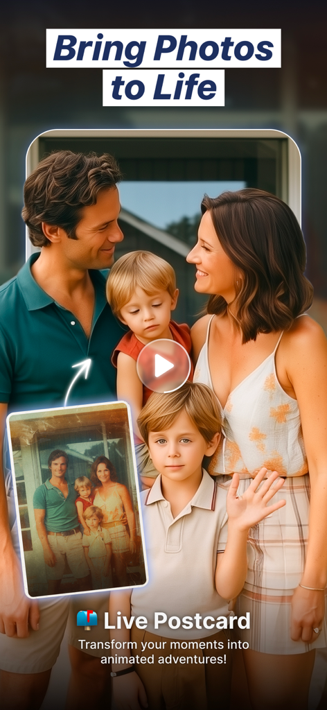 Photica (Pixly)・Photo Animator - Photica app interface showing a vintage family photo being transformed into a high quality animated live postcard