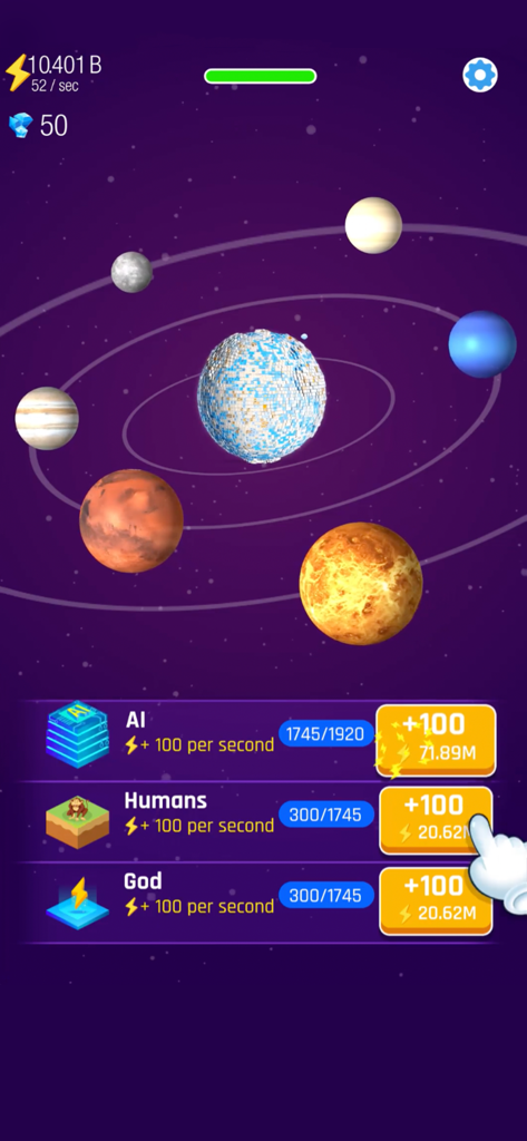 A screenshot of the Idle World mobile game showing a solar system with various planets and an upgrade menu for AI, humans, and god elements.