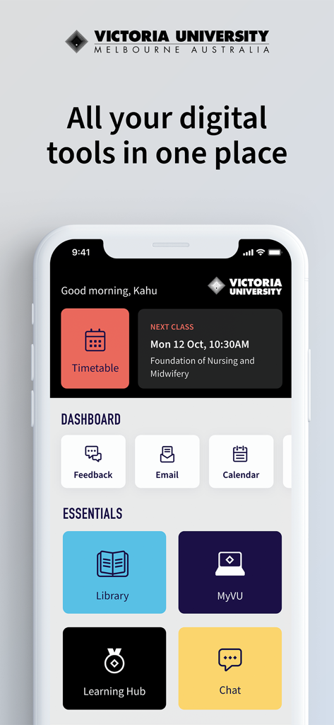 Dashboard of the Victoria University App showing student tools like timetable, email, and library