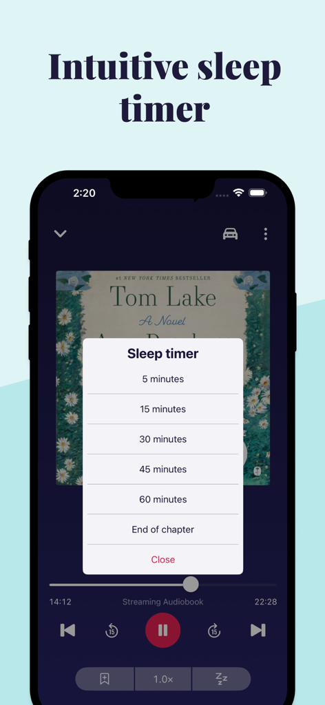 Ein Screenshot der Chirp Audiobooks App, der das intuitive Sleep-Timer-Menü mit mehreren Zeitoptionen von 5 Minuten bis zum Ende des Kapitels zeigt.