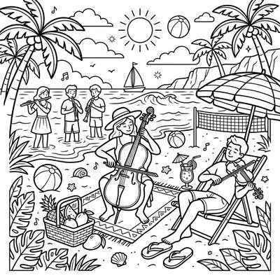 Experience a symphony of sun and sea with our delightful coloring page featuring classical musicians enjoying a summer vacation. This unique scene combines the elegance of music with the relaxation of a beach day, offering a charming escape for your coloring adventure.