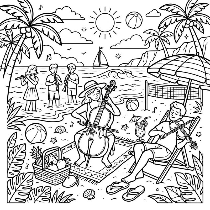 Experience a symphony of sun and sea with our delightful coloring page featuring classical musicians enjoying a summer vacation. This unique scene combines the elegance of music with the relaxation of a beach day, offering a charming escape for your coloring adventure.