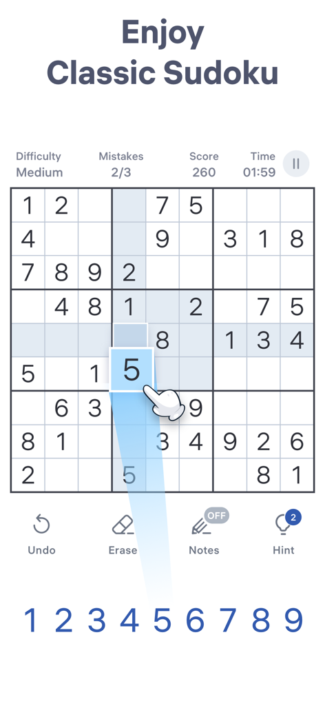 Interfaz de juego clásico de Sudoku en Sudoku.com que muestra una cuadrícula de puzzle de dificultad media y la colocación de números