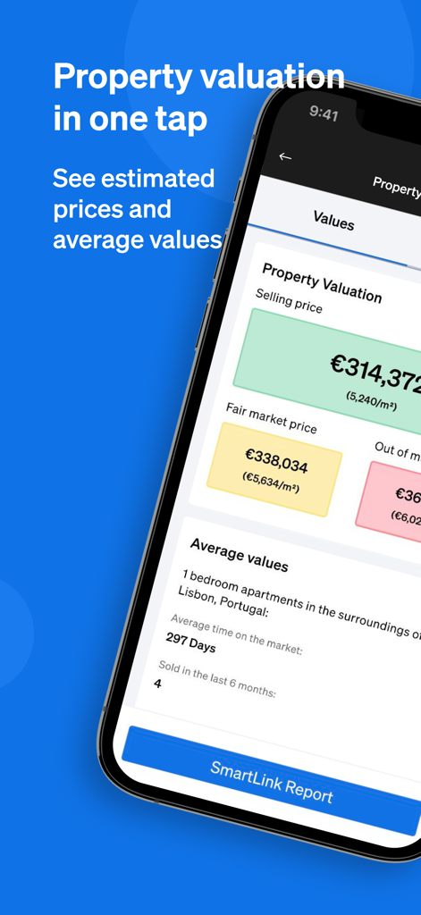 Interfaz de la aplicación móvil Casafari AI para valoración de propiedades y análisis de datos de mercado