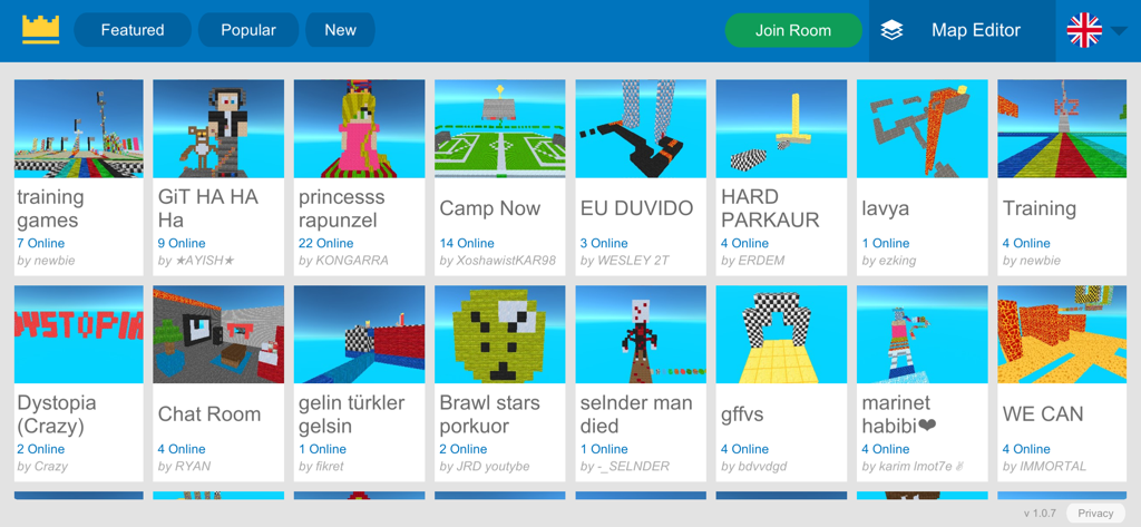 Parkour Craft:Online PvP Games - A grid display of user-created blocky parkour maps in Parkour Craft showing player counts and creators