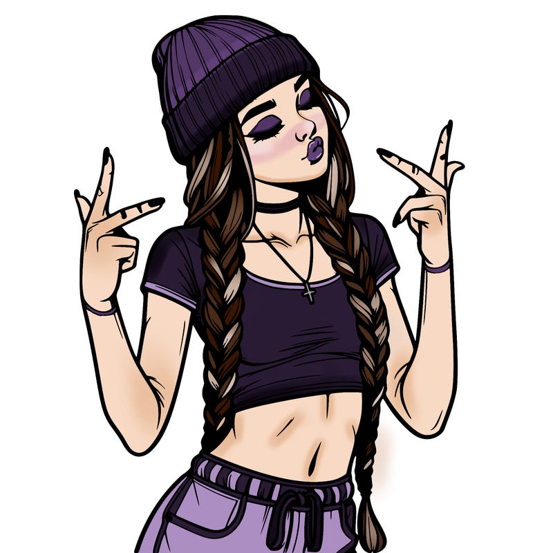realistic teenage girl with braids and a beanie and crop top doing 🫶🏼
