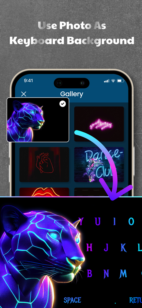 LED Keyboard - RGB Color - Una interfaz móvil mostrando cómo establecer una foto de pantera neón como fondo de teclado personalizado.