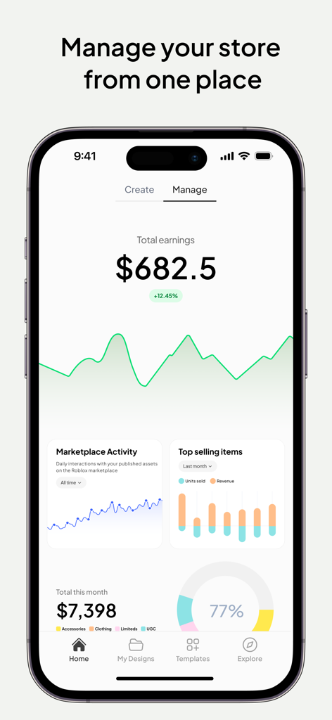 Customuse: 3D Skin Creator - A mobile app screen displaying total earnings and sales analytics for a digital creator store