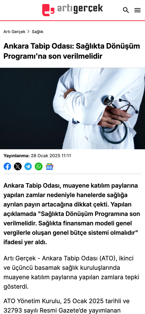 ArtiGercek.com - Screenshot of a Turkish health news article regarding the Ankara Medical Chamber within the ArtiGercek app