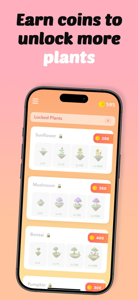 Plantie - Stay focused - 획득한 코인으로 해바라기와 버섯 같은 가상 식물을 잠금 해제할 수 있는 Plantie 앱 상점 인터페이스