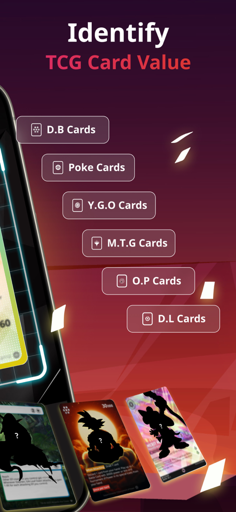 Uma tela de aplicativo móvel para identificar valores de cartas TCG para Pokemon, Magic The Gathering e Yu-Gi-Oh.