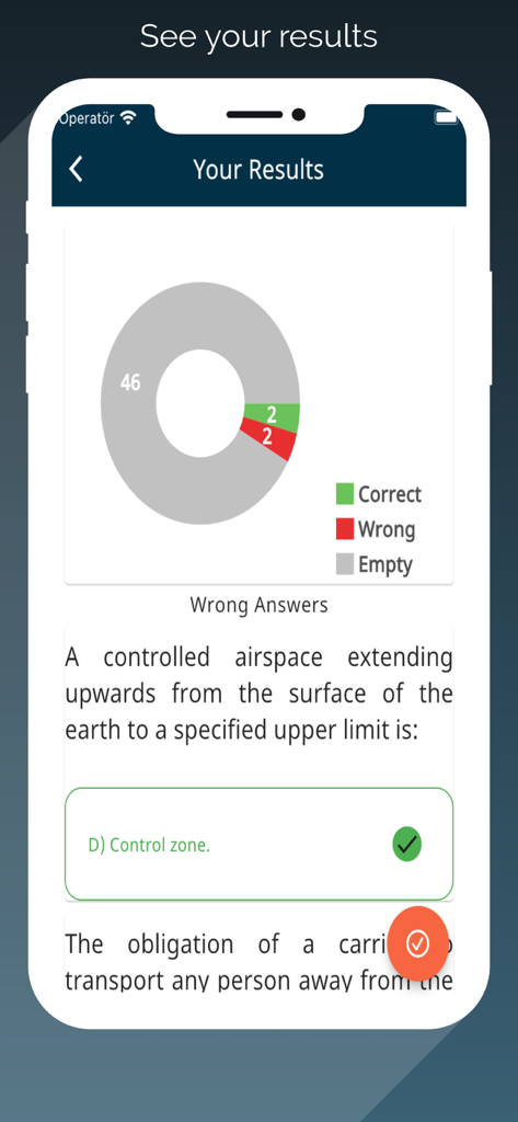 ATPL app test results screen featuring a chart of scores and review of exam questions for pilot licensing