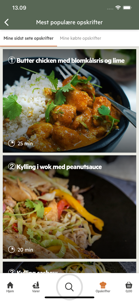 nemlig - Mobile screen showing popular chicken recipes with cooking times in the nemlig grocery app