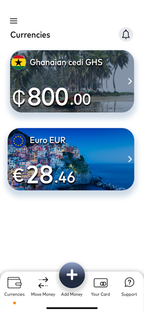 MoneyWallet - MoneyWallet app interface displaying Ghanaian cedi and Euro account balances