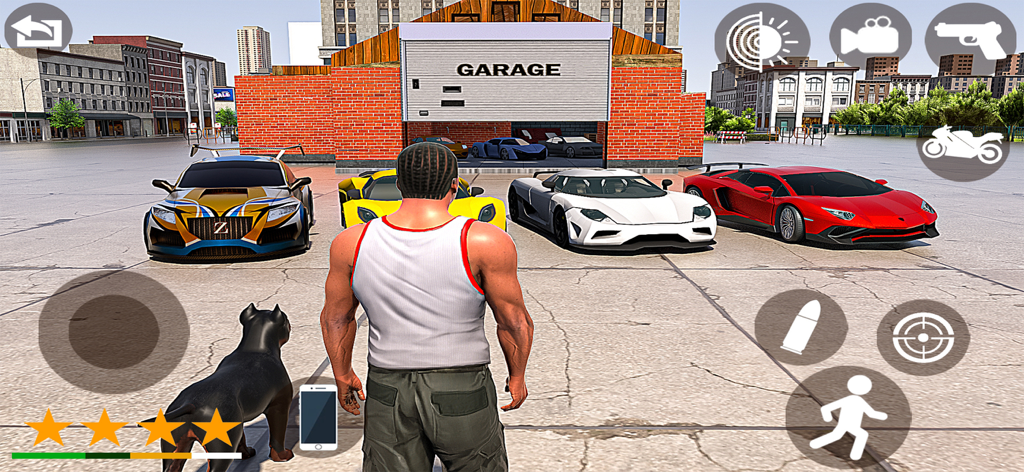 Gangster Game City Crime Game - A gangster character with his dog standing in front of luxury sports cars in an open world city environment.
