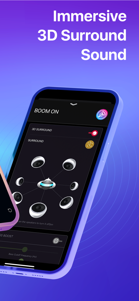 Boom app interface featuring immersive 3D surround sound settings with a virtual speaker layout