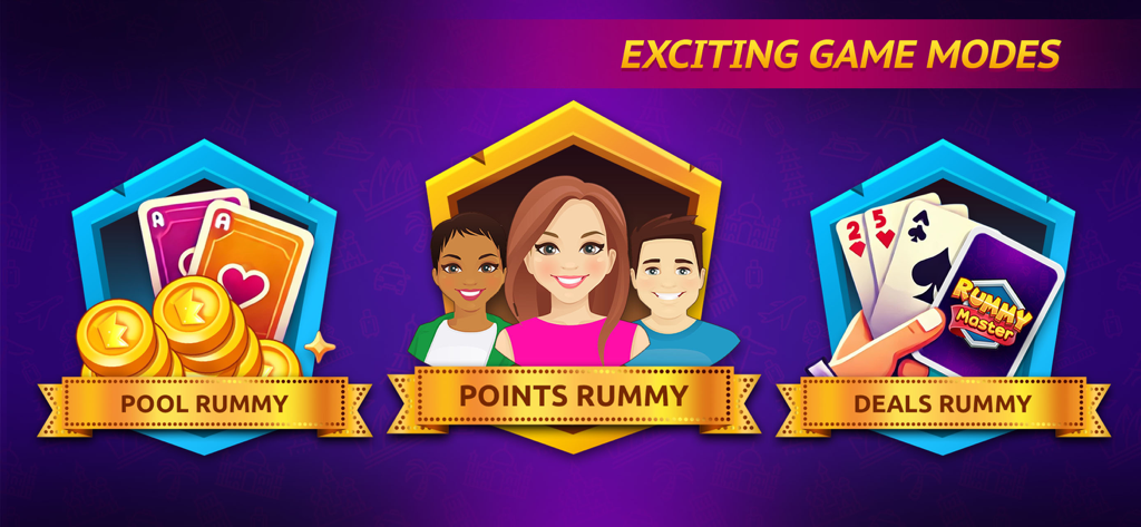 Rummy Master - A selection of game modes in Rummy Master including Pool Rummy, Points Rummy, and Deals Rummy.