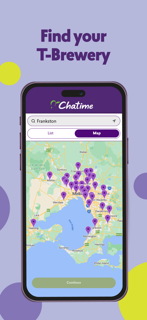 Chatime Australia - Chatime Australiaアプリの地図インターフェース。近くの店舗の場所を見つけることができます。