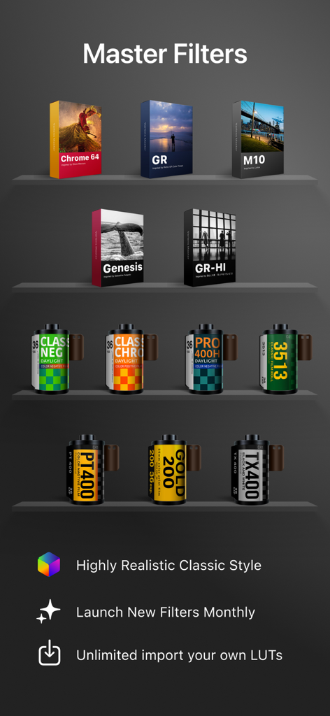 A showcase of Varlens app master filters and classic analog film presets displayed on shelves.