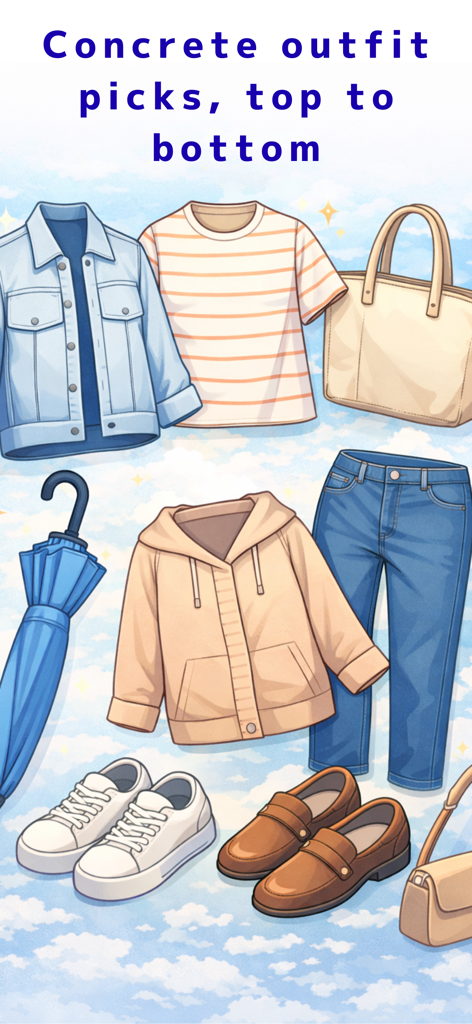 A variety of clothing items including a jacket, hoodie, jeans, shoes, and an umbrella for weather-based outfit suggestions.
