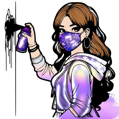 realistic girl with mask spray painting a wall