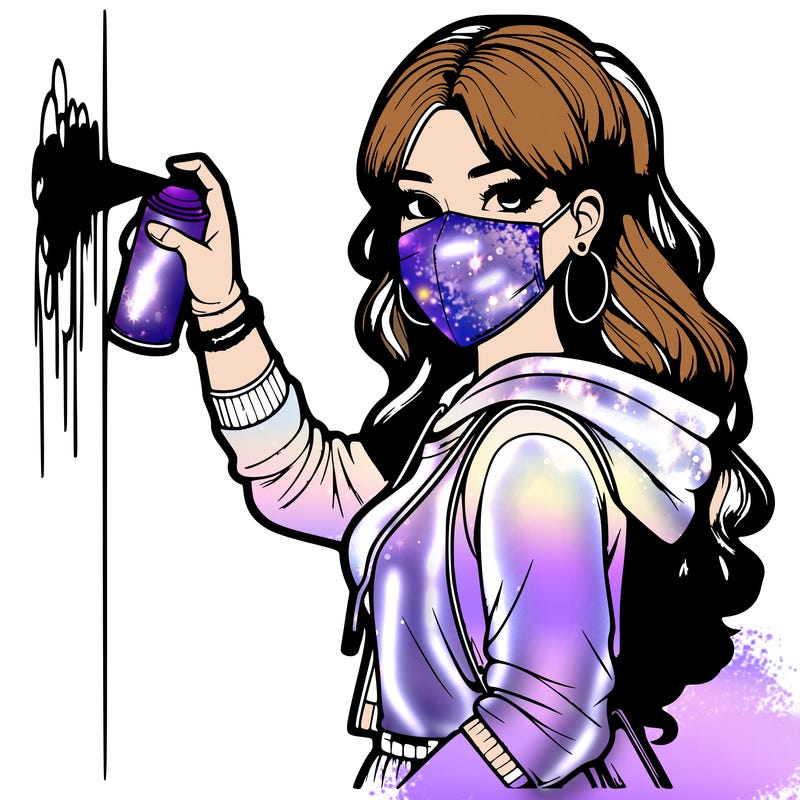 realistic girl with mask spray painting a wall