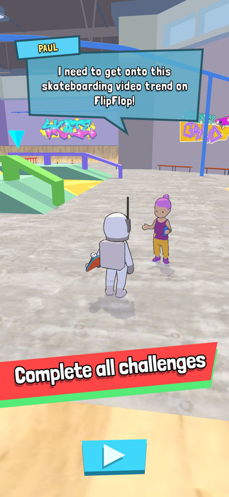 Perfect Grind - Personagens em um skatepark colorido conversando sobre tendências de mídia social no jogo Perfect Grind