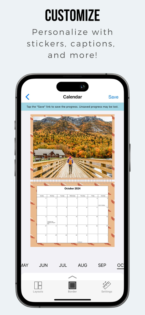 Interfaz de la aplicación móvil para personalizar un calendario fotográfico personalizado con una imagen de paisaje otoñal