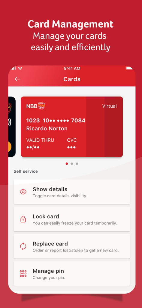 NBB Digital Banking - NBB Digital Banking app interface showing card management options like lock card replace card and manage pin