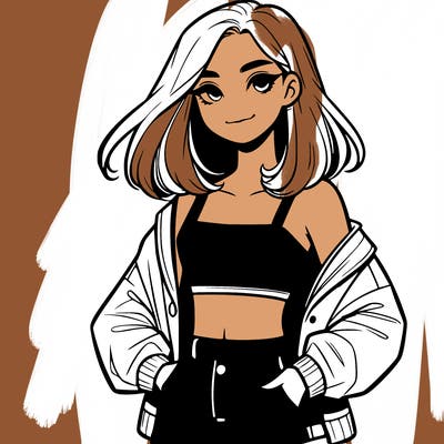 a realistic girl with a crop top and short shorts in an open jacket