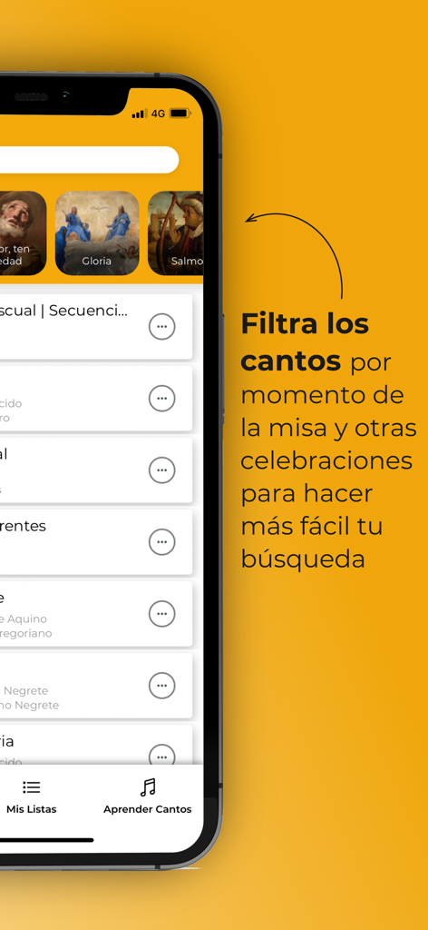 Canto Católico - Canto Catolico app interface showing how to filter songs by liturgical moments such as Gloria and Psalms.