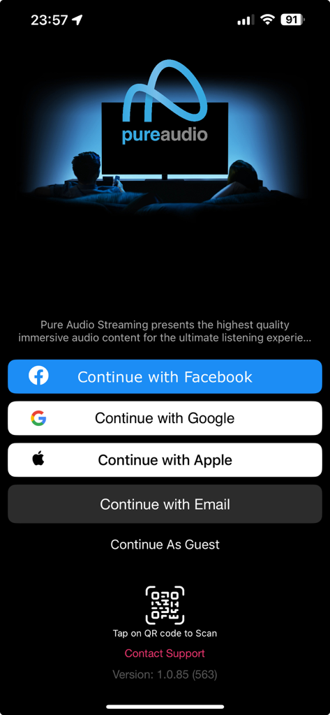 Pure Audio Streaming - Pure Audio Streaming app login screen with social sign-in options and immersive audio branding