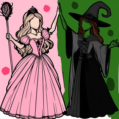 detailed realistic split of a princess and a witch