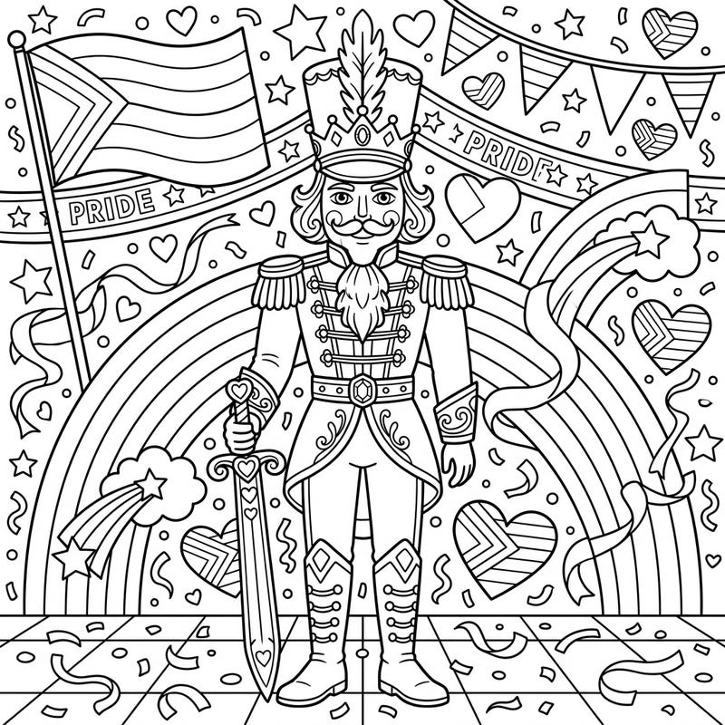 Step into a world of joy and celebration with our unique Nutcracker Prince coloring page, honoring Pride Month. This magical design blends classic charm with vibrant symbols of love and diversity, ready for your creative touch.