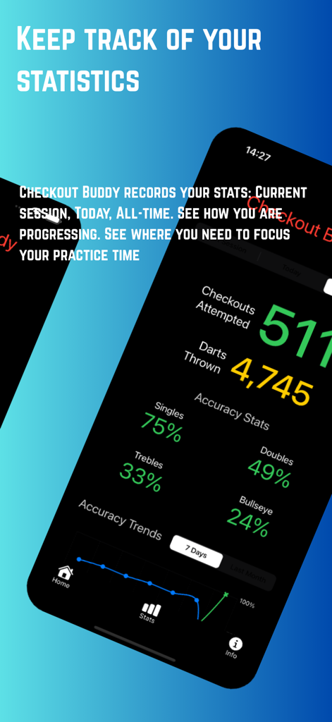 Checkout Buddy - A mobile interface for the Checkout Buddy app displaying dart throwing statistics, accuracy percentages, and performance trends.