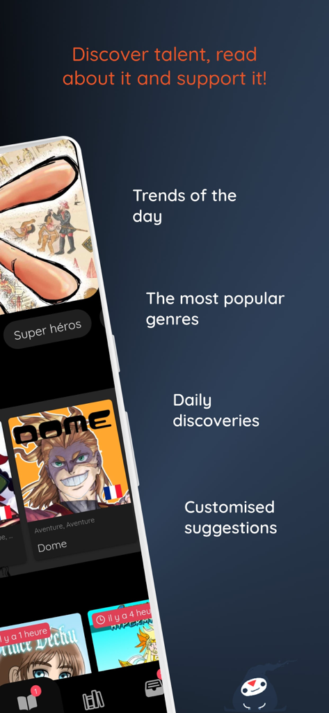 Mangadraft - Manga & Webtoons - Interface de l'application Mangadraft montrant les fonctionnalités de découverte quotidienne de mangas et les genres populaires.