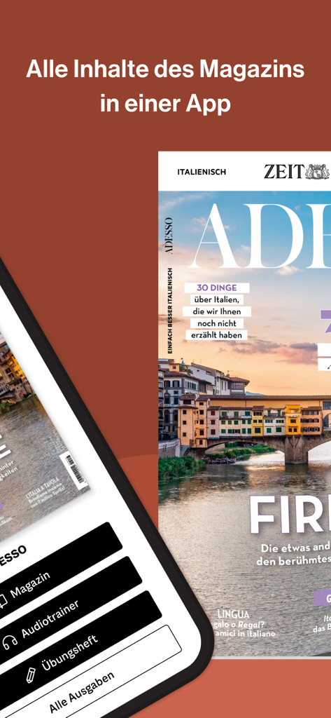 ADESSOイタリア語学習アプリのインターフェース。マガジンと音声トレーナーのセクションがあります。