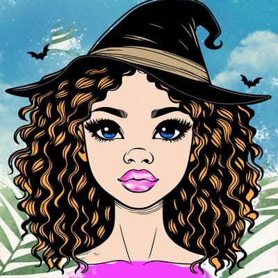 realistic black girl with wavy hair and witch hat and nose and lips