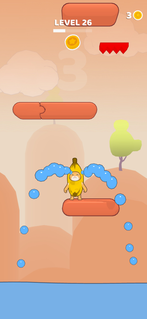 Banana Cat Jump - Banana Cat character crying while jumping between platforms in a mobile game level.